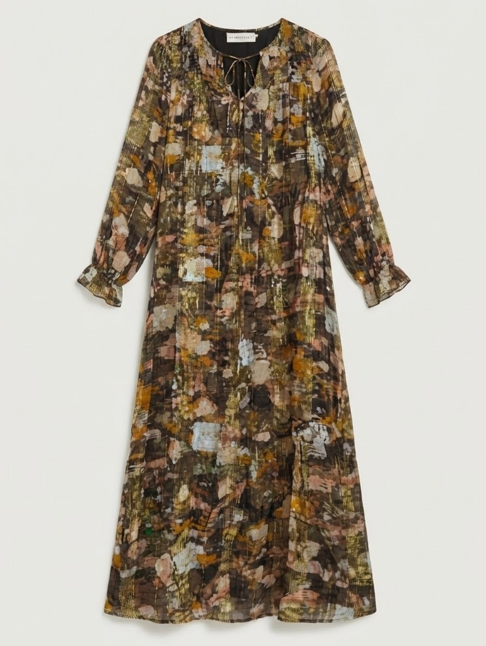 Anthropologie Blair Shimmer Maxi Dress L Gold Metallic Abstract Print Lined